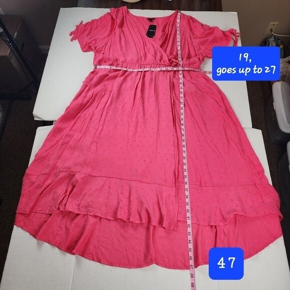 Torrid Pink Midi Dress Faux Wrap Swiss Dot Surplice Ruched Plus Size 2 2X 18-20 - Picture 8 of 15